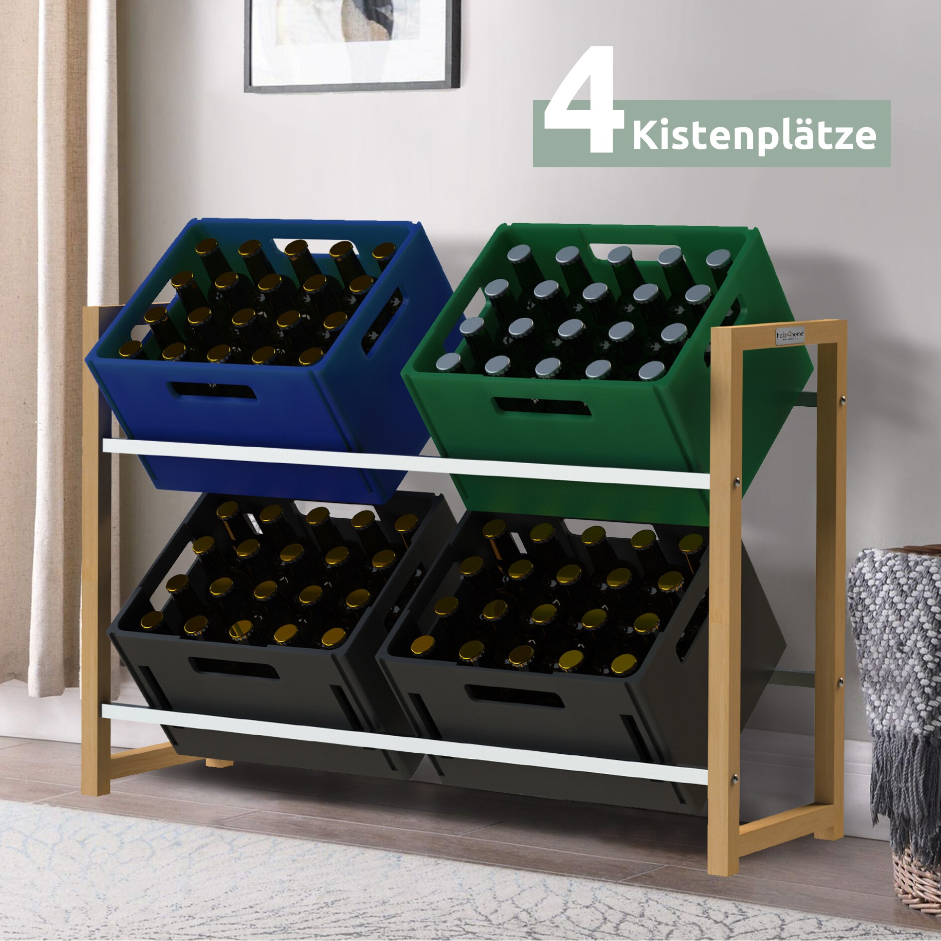 holz4home® Getränkekistenregal aus Holz inkl. Ablage I Silber | 2 Kisten