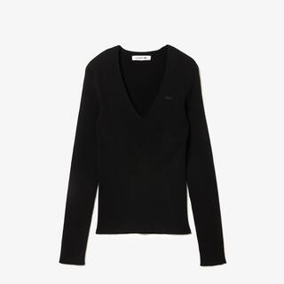 Pull col V en maille côtelée sans couture Pullovers - Noir - Lacoste - Femme