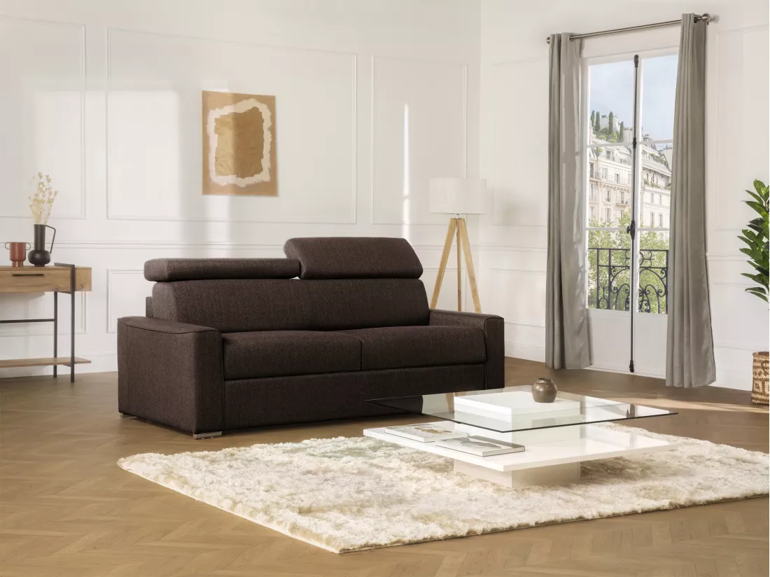 Canapé 2 places convertible express en tissu marron - Couchage 120 cm - Matelas 18 cm VIZIR