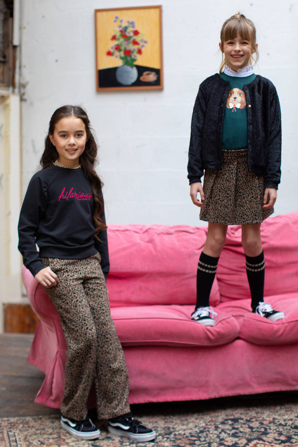 Moodstreet straight fit broek Belle met all over print lichtbruin/zwart