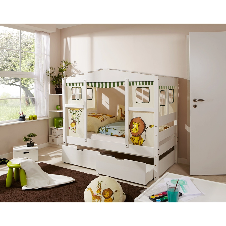TiCAA Hausbett Mini mit 2 Schubladen Safari