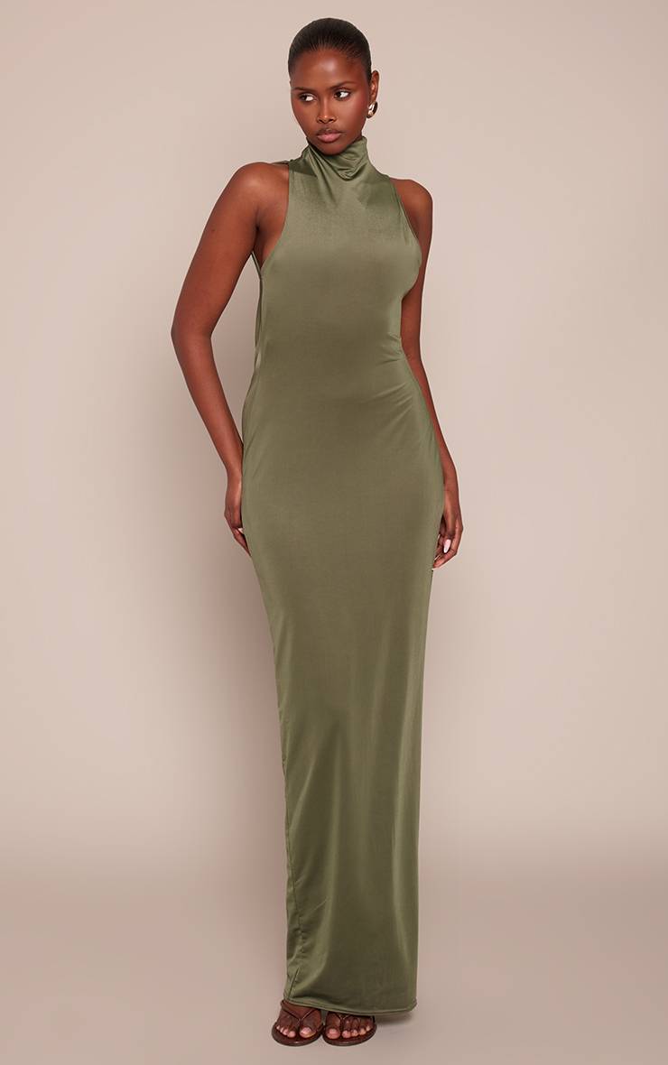 Kaki Robe Maxi Asymétrique Près Du Corps À Col Montant