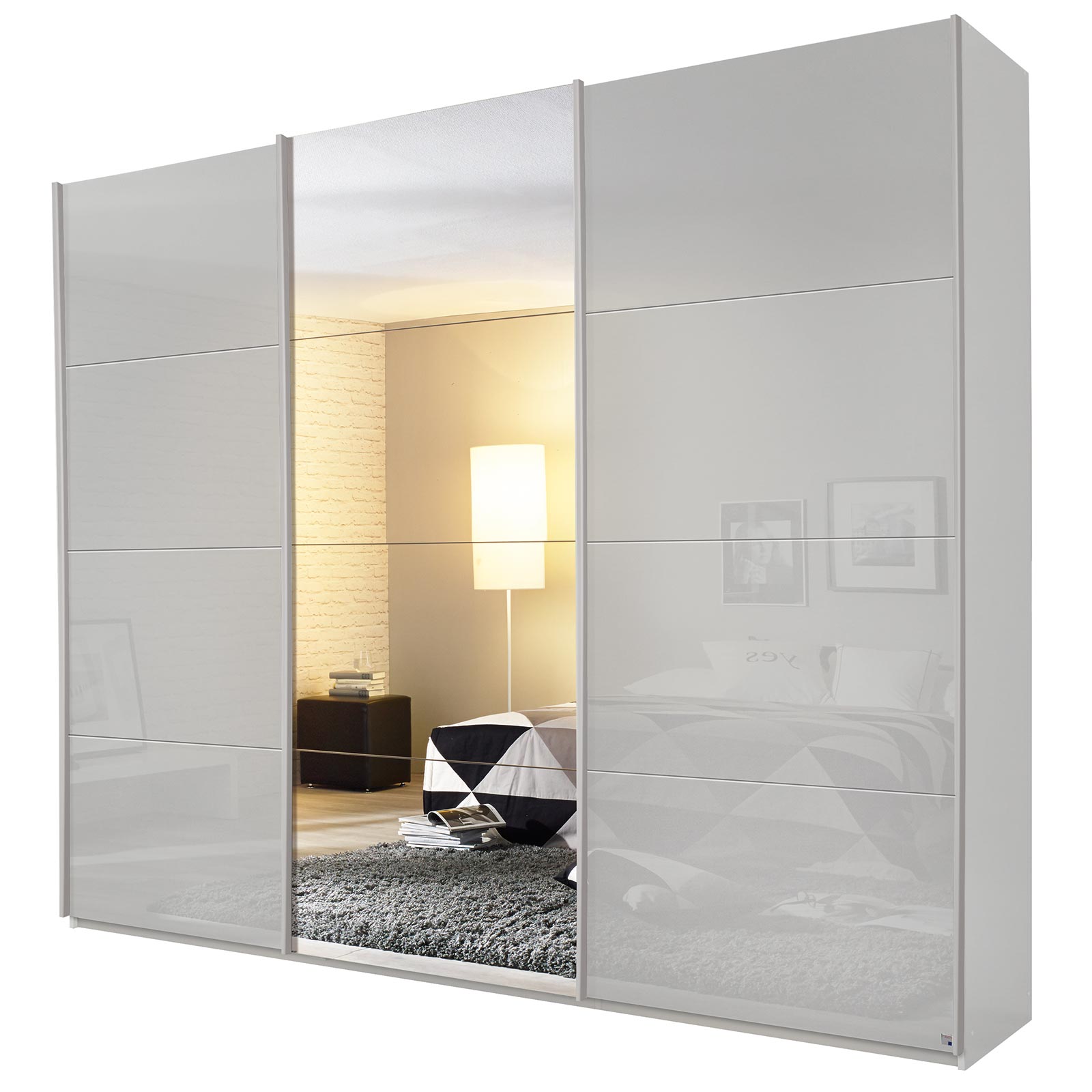 Schwebetürenschrank - seidengrau - mit Spiegel - 2 Glastüren - 271x229 cm