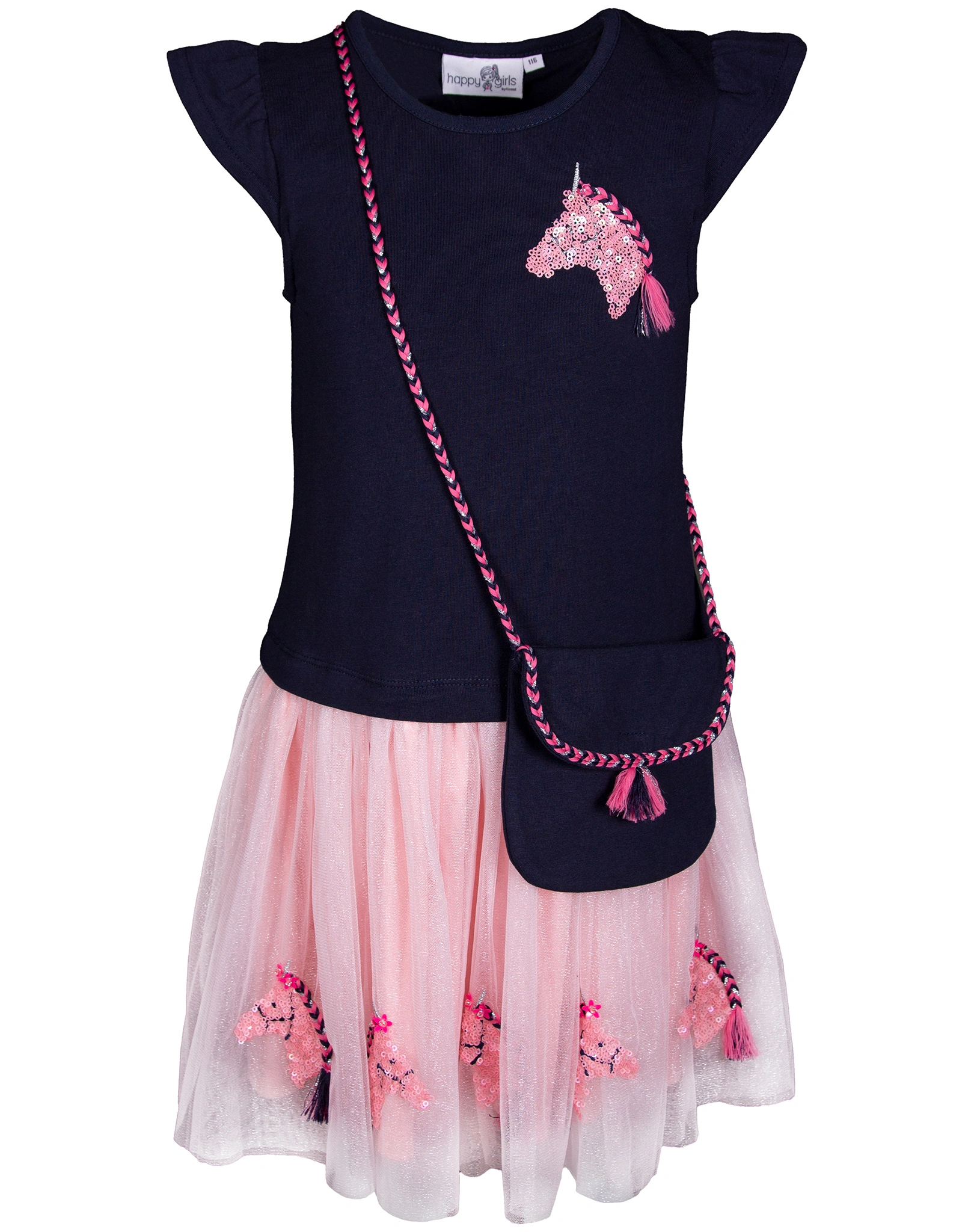Kurzarm-Kleid PAILLETTEN UNICORN mit Tasche in navy