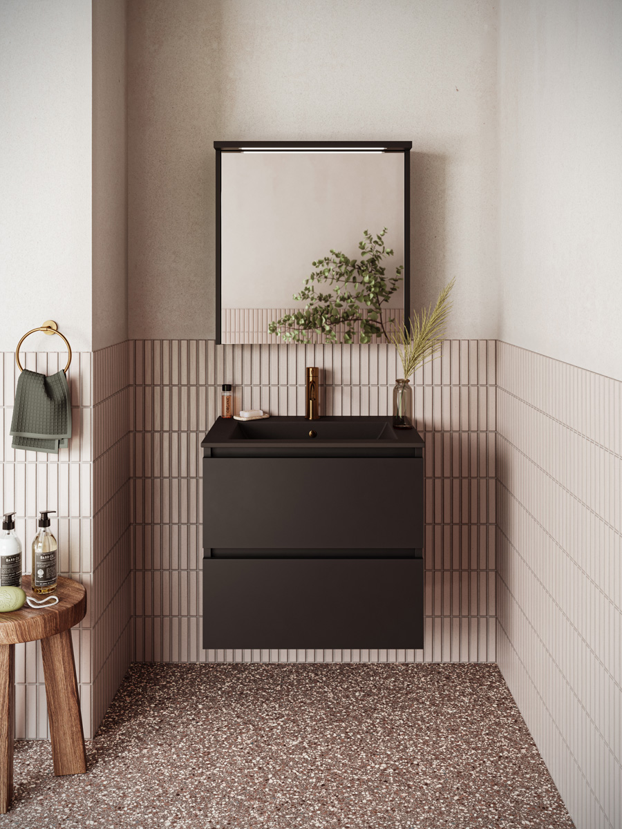 Fontana Rovigo badmeubel 60cm zwart mat met zwarte wastafel met kraangat en spiegelkast met verlichting