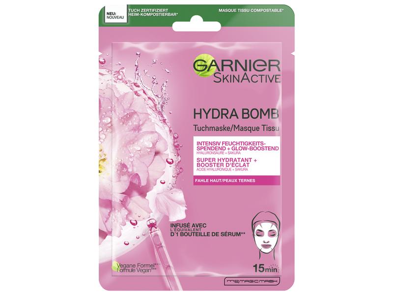 Garnier Gesichtsmaske Hydra Bomb Sakura 1 Stück Tuchmaske für fahle Haut pflegt und versorgt die Haut intensiv mit Feuchtigkeit