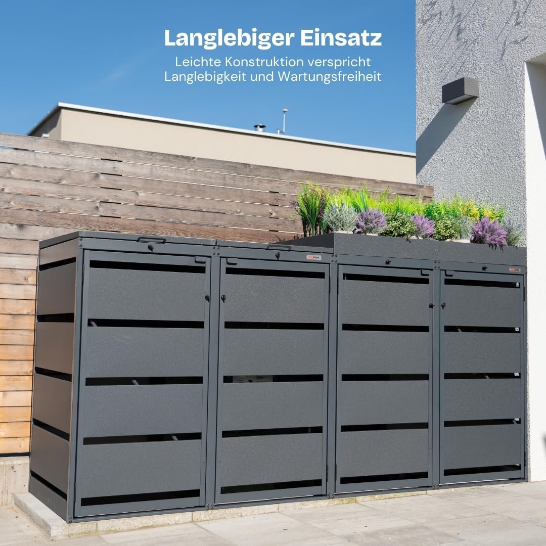 Dagobert Mülltonnenbox 4er Set für 240 Liter Mülltonne | verzinkter Stahl | robuste Mülltonnenverkleidung | Müllbox, Müllhaus | verwendbar als Paketbox | Box für Mülltonnen | Anthrazit