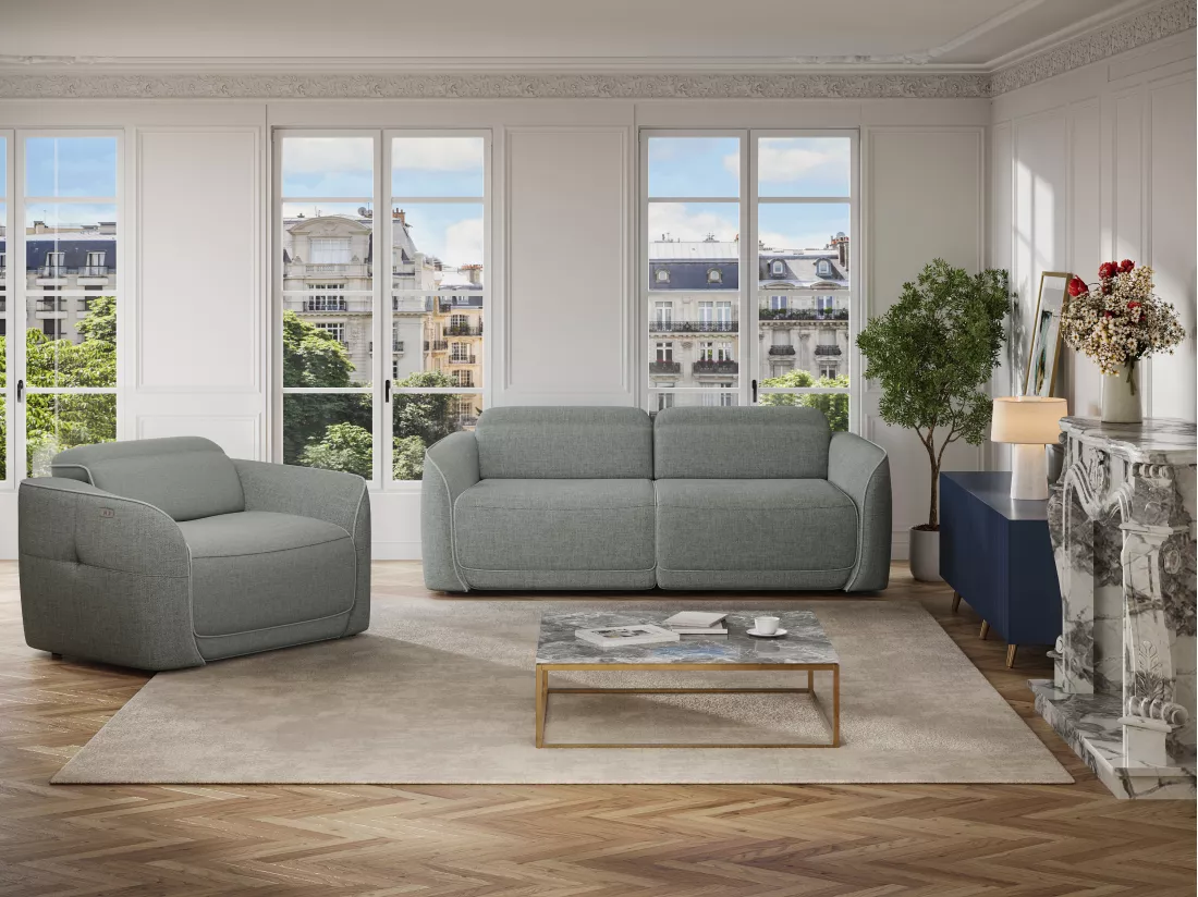 Canapé 3 places et fauteuil relax électrique en tissu chiné gris OZARTO