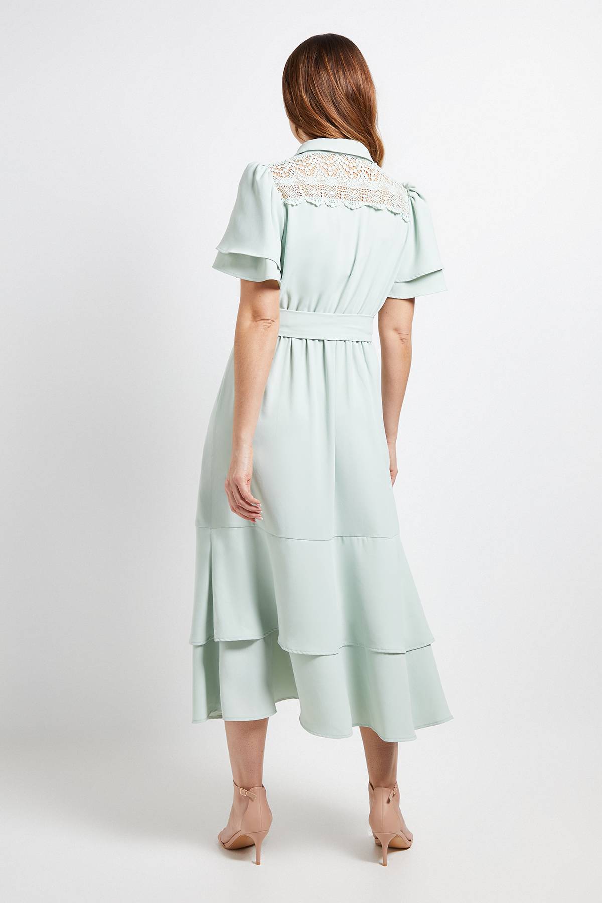 Wallis Robe Midi À Manches Volantées Avec Empiècement En Dentelle