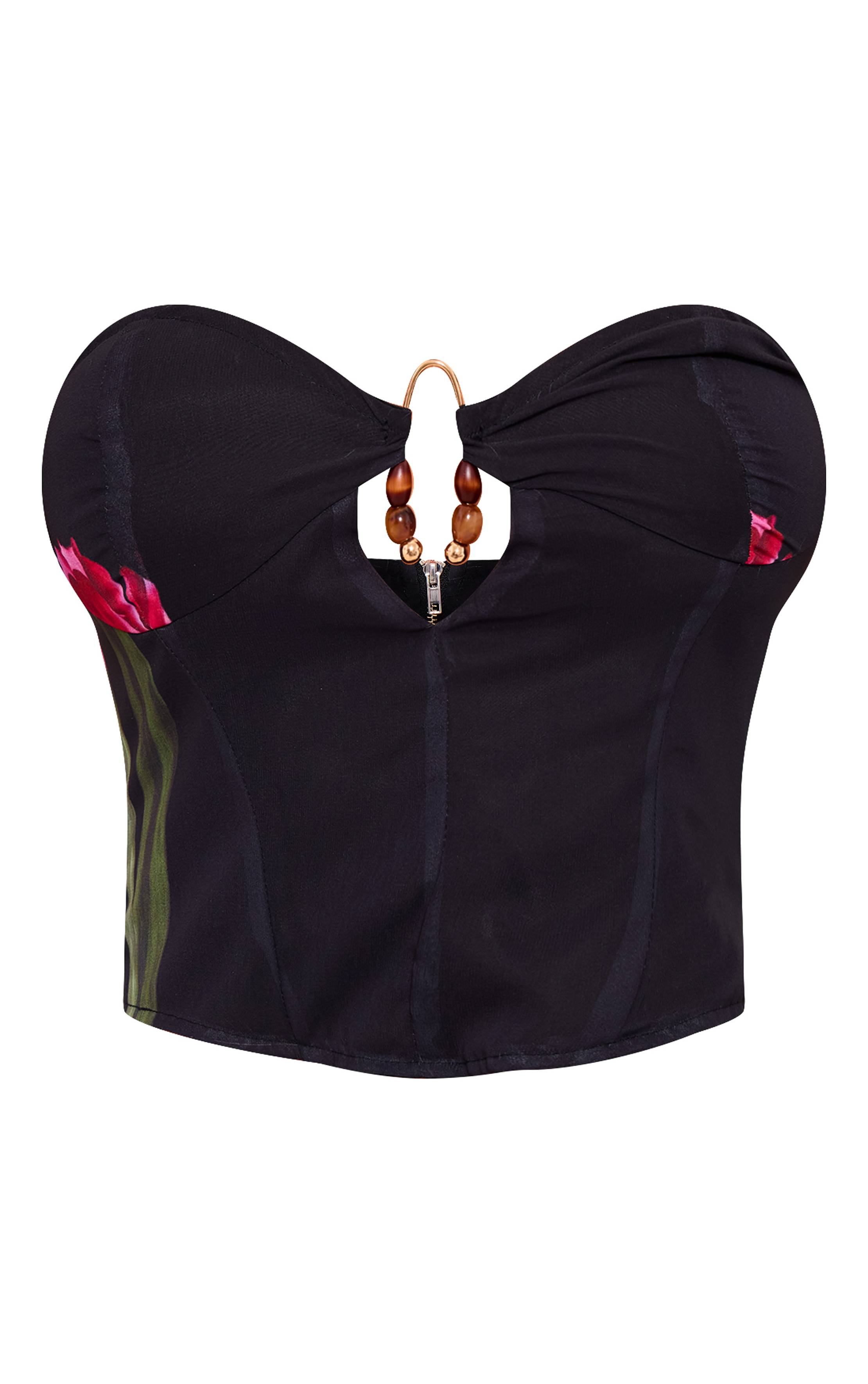 Noir Corset Bandeau En Mousseline Imprimée