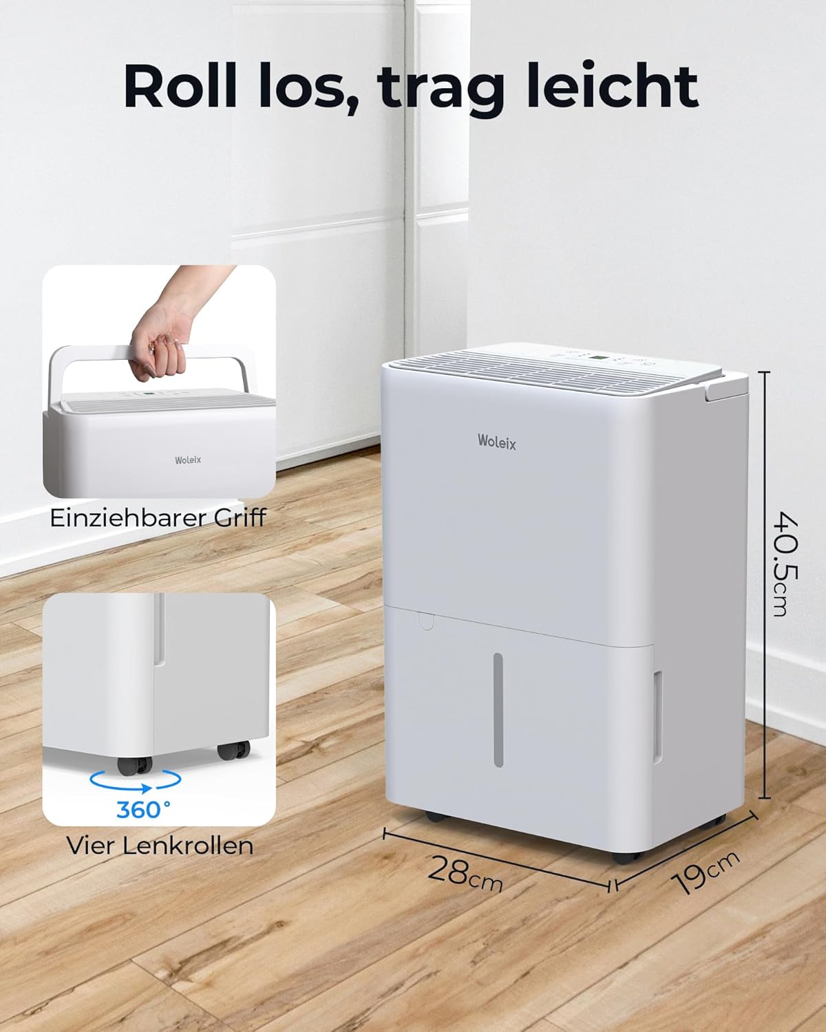 Luftentfeuchter elektrisch 12L, Entfeuchter elektrisch für Keller, Raumentfeuchter elektrisch 35dB für Räume bis zu 122m³/25m², mit Filter und 1M Ablaufschlauch, Timer, 10 J. Gar.
