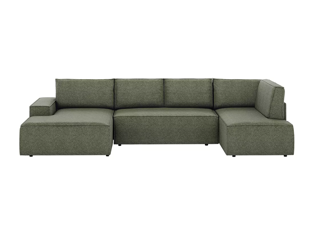 Grand canapé d'angle gauche panoramique convertible en tissu texturé vert AMELIA