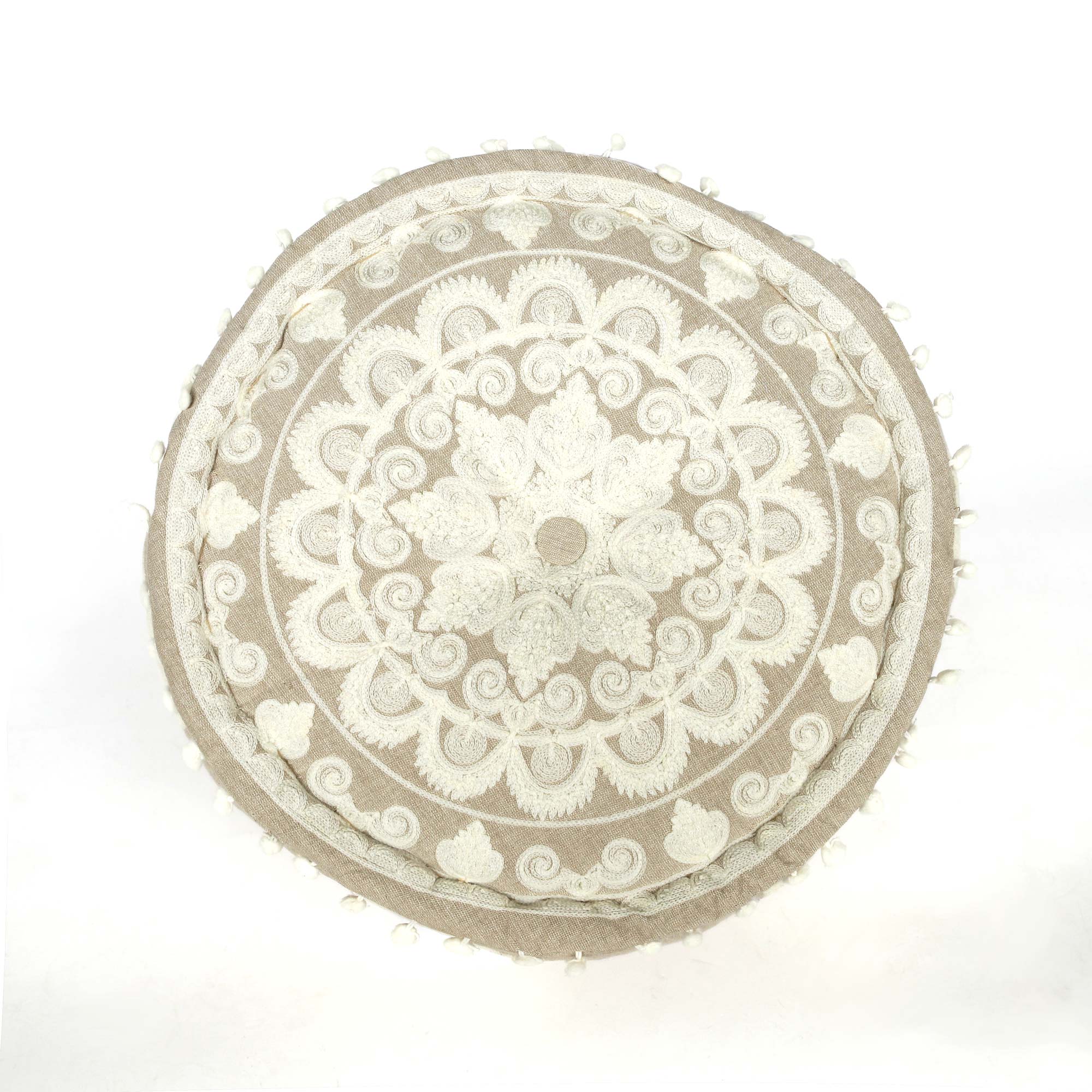 Pouf Mandala 'Arika' mit Pompon, beige, weiß, Ø 40 cm, H 20 cm von fischer's lagerhaus