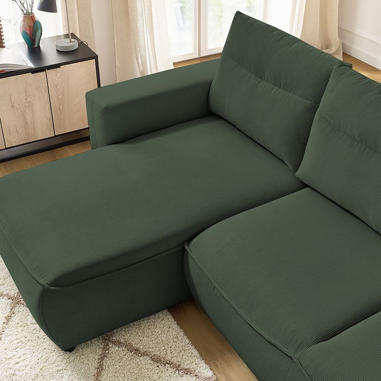 Bobochic Canapé d'angle gauche convertible coffre jasmin velours côtelé vert - 256x158x90 cm