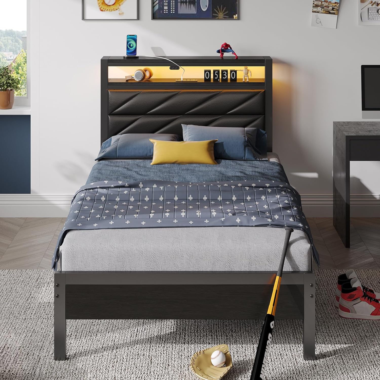 Seventable Bett 90x200 mit LED, Ladestation (2 USB-Anschlüsse & 1 Typ-C-Anschluss), Metallbett mit Gepolstertem Kopfteil & Stauraum, perfekt für Kinderzimmer, Jugendzimmer, Schwarz