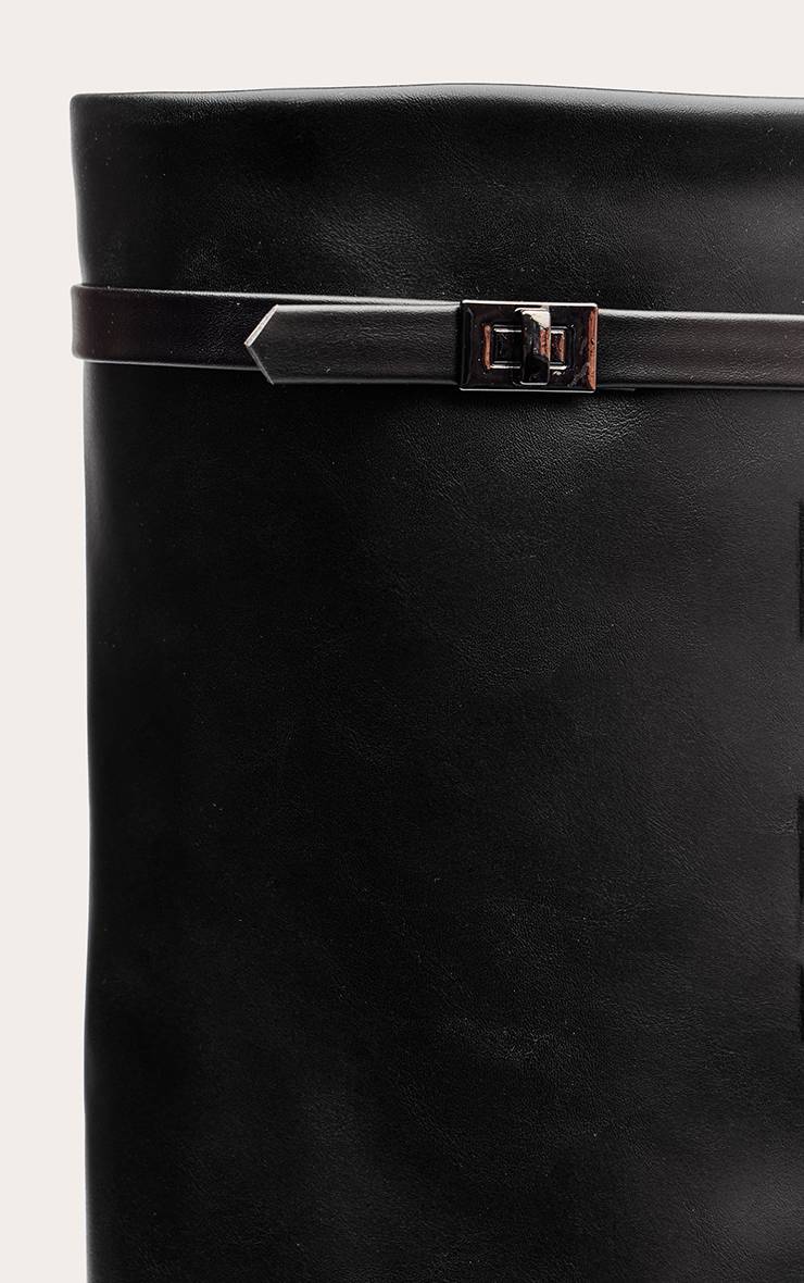 Noir Botte Haute À Talon Bloc En Synthétique Mat À Bout Pointu Avec Revers