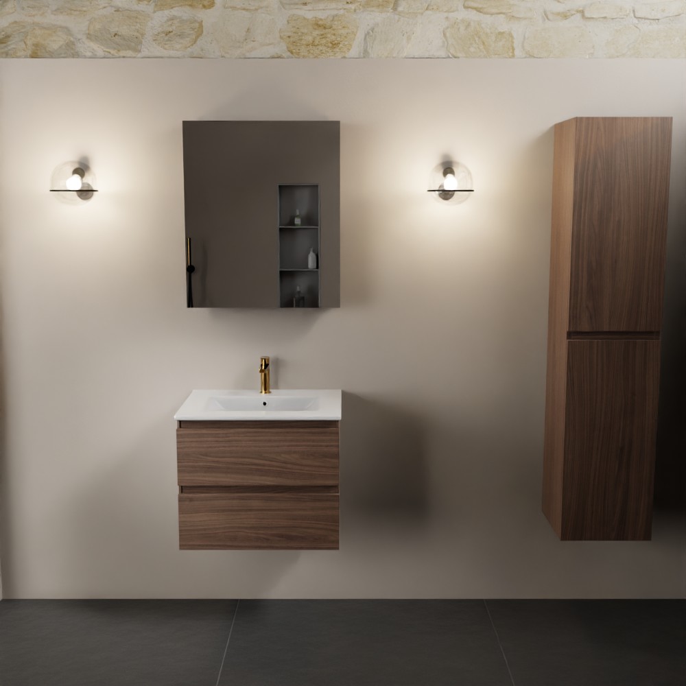 Mondiaz Aivy badmeubel 60cm mocha met wastafel keramiek wit glans 1 kraangat en spiegelkast