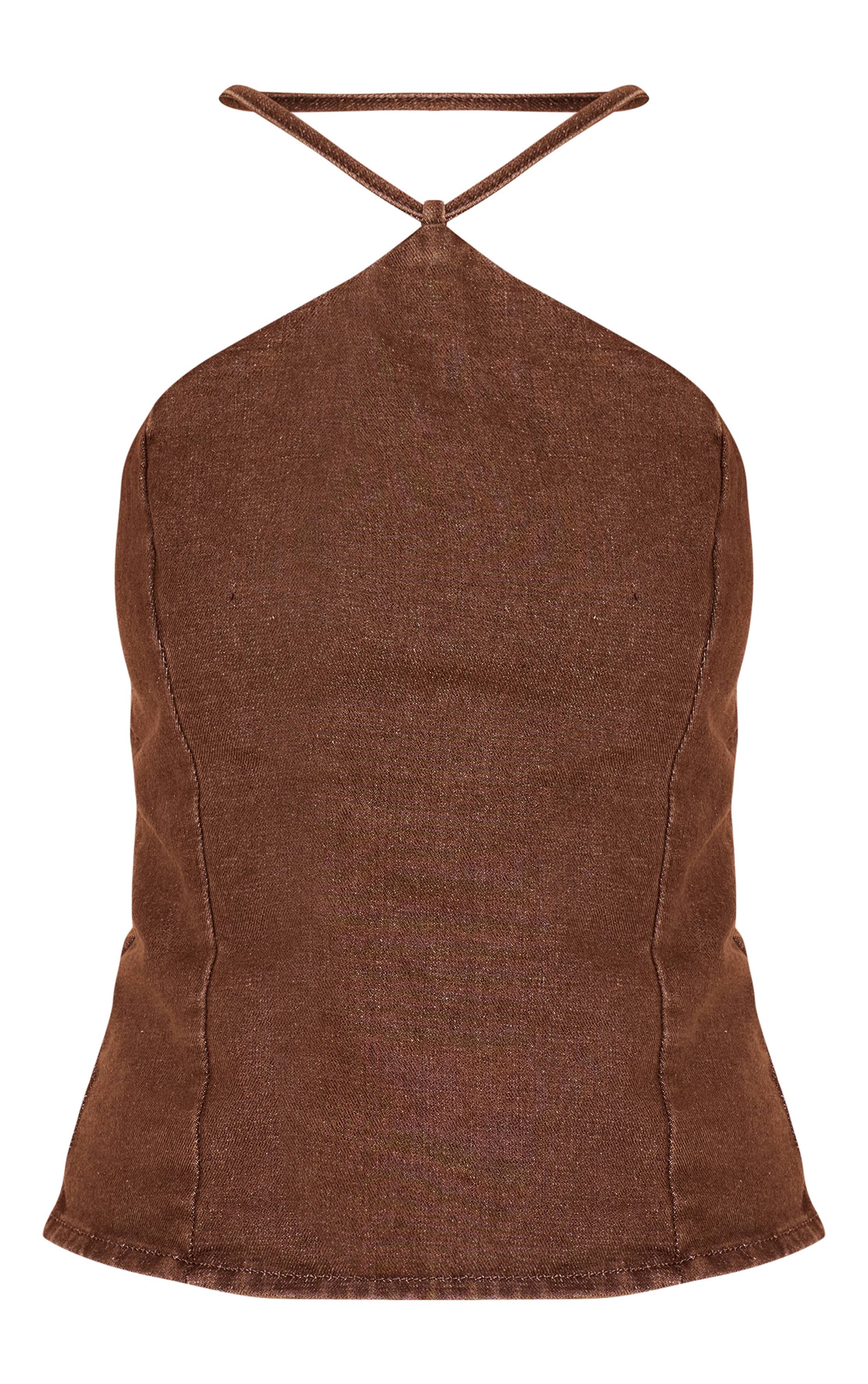 Washed Brown Top En Denim Stretch À Col Licou