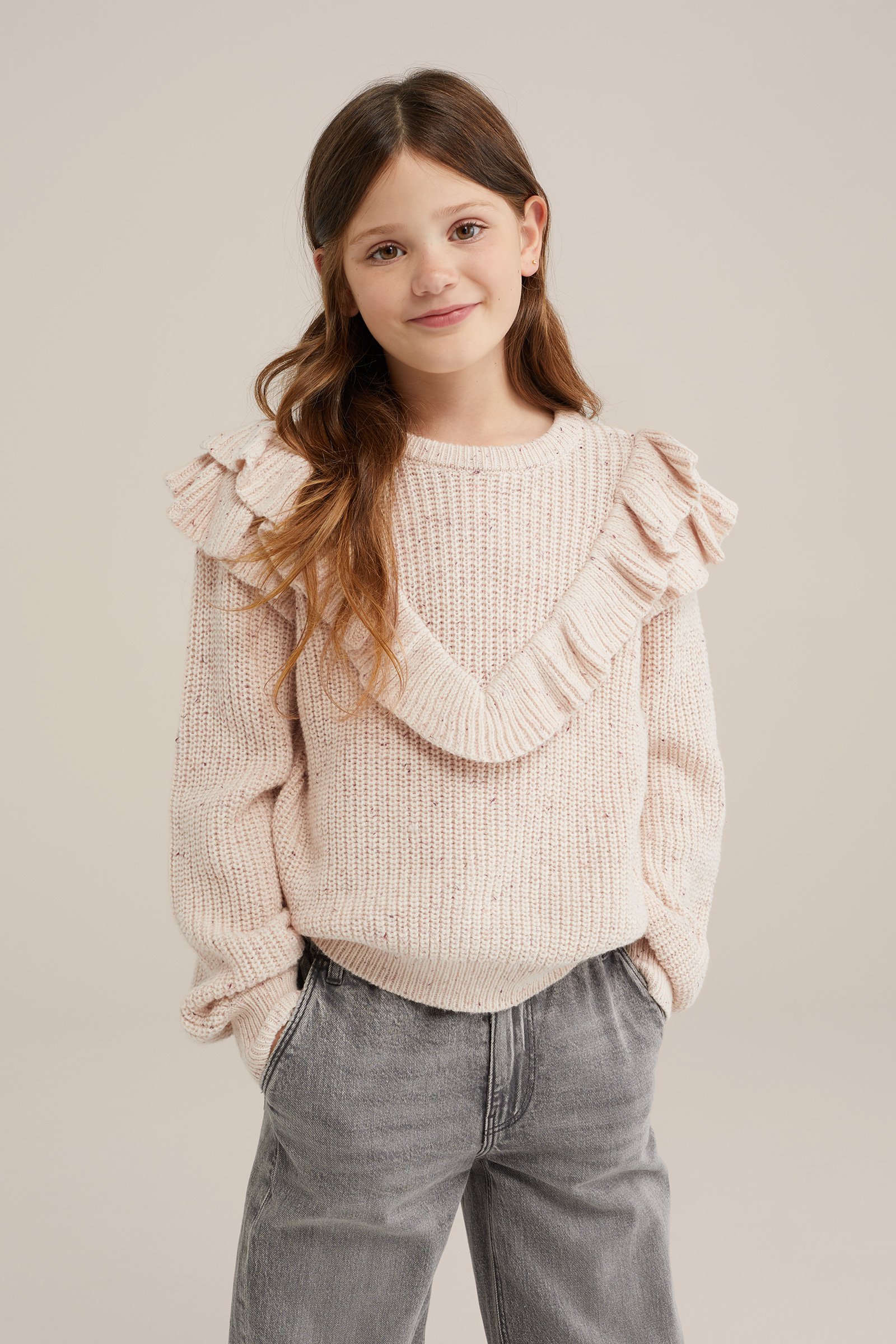 Meisjes gebreide trui met ruches WE Fashion Beige