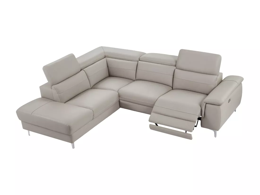 Canapé d'angle gauche relax électrique en cuir gris clair FUSINO