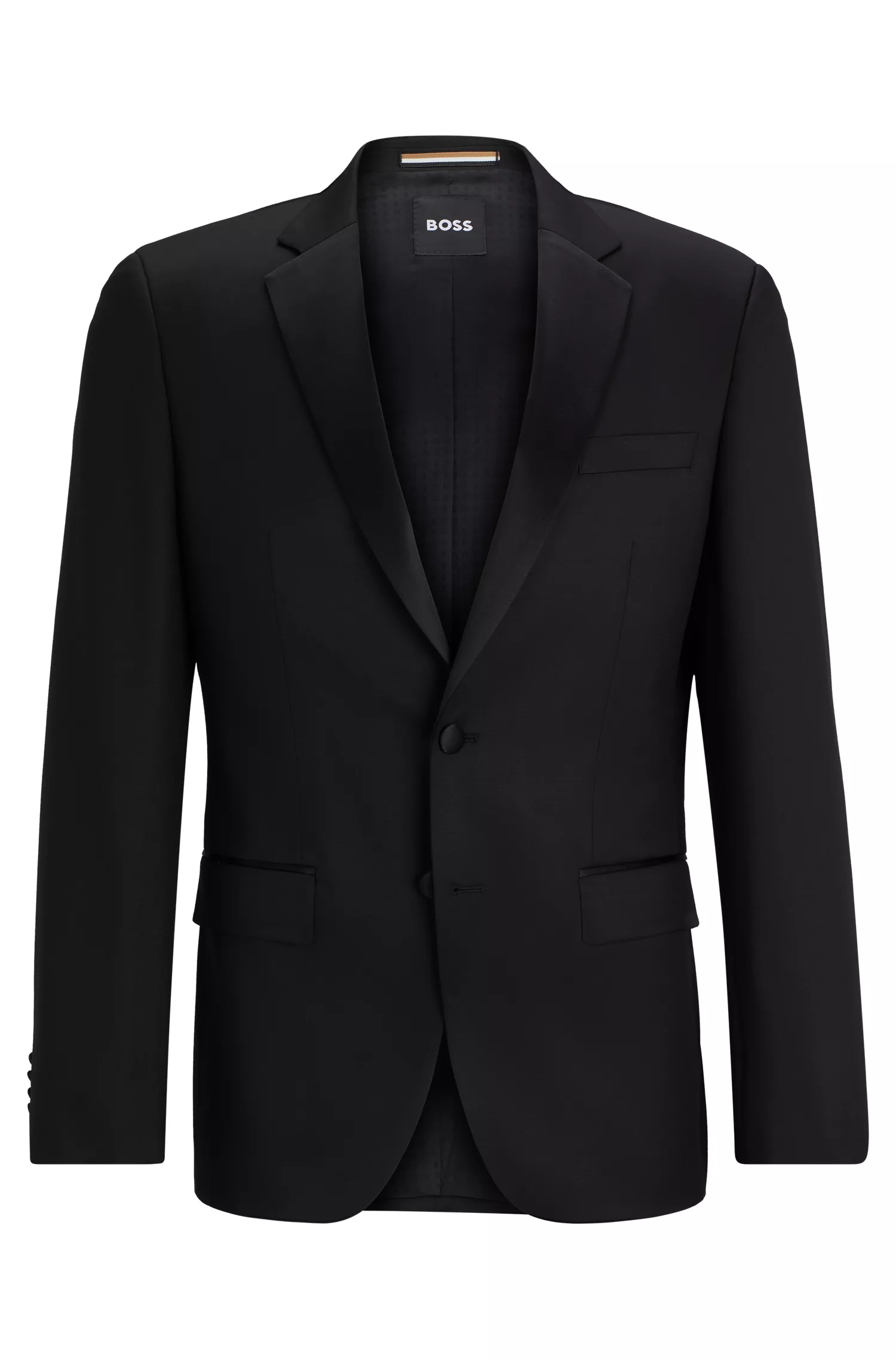 Blazer de smoking BOSS preto, corte slim, em sarja de lã virgem.