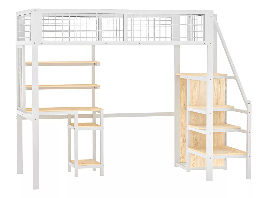 Lit mezzanine - moire avec étagères - 90 x 200 cm - Blanc - Sweiko