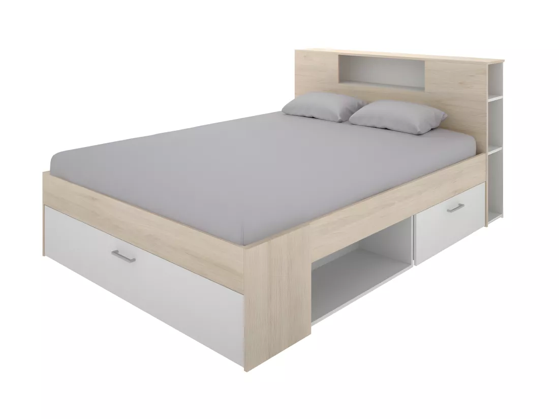 Lit avec tête de lit rangements et tiroirs - 140 x 190 cm - Coloris : Naturel et blanc + Sommier + Matelas - LEANDRE