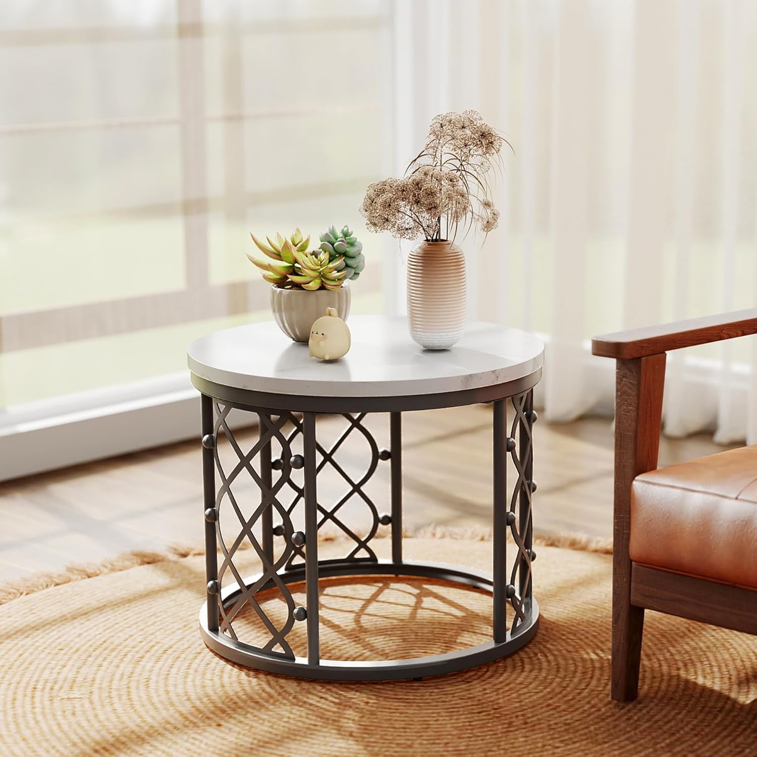 okwish Set mit 2 runden Couchtischen mit MDF-Tischplatte in Marmoroptik und Metallrahmen im herzförmigen Hohldesign, Satztische fürs Wohnzimmer, Balkon und Büro, Größe 70x45 + 45x37 cm, Schwarz