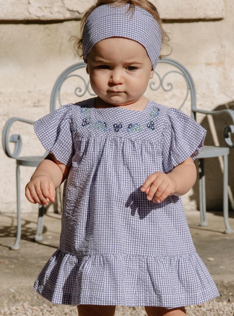 Robe en seersucker vichy bleu nuit et blanc