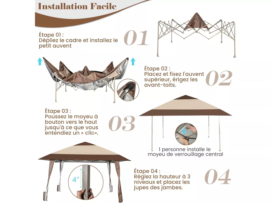 Tonnelle de Jardin Pliante 4M x 4M avec Supports en Fer et Roues/Tente de Reception Imperméable + à Hauteur 265-285CM Avant-Toits, pour 8-10 Personnes-Beige