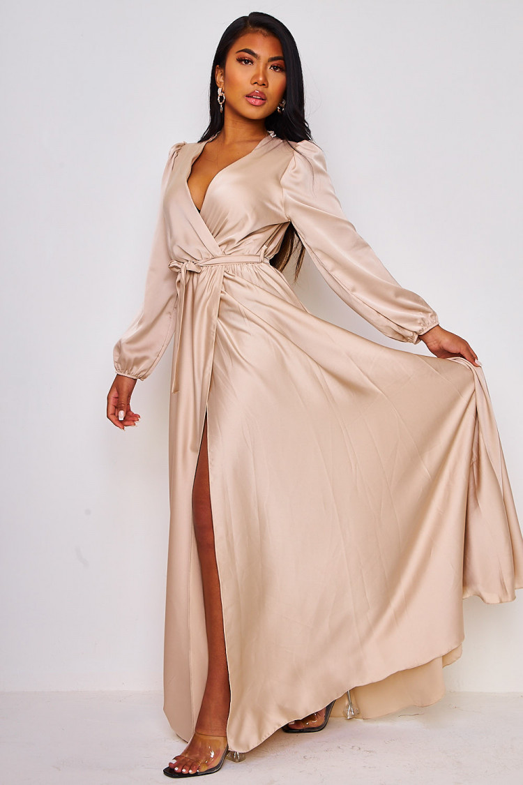 Robe maxi nude satiné à nouer