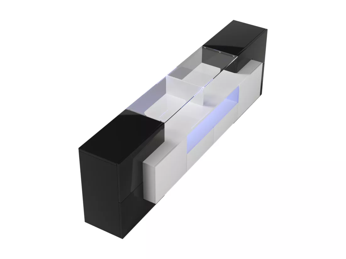 Meuble TV - 200x38x48cm - Blanc et noir brillant - 4 portes, 2 tiroirs, 3 compartiments