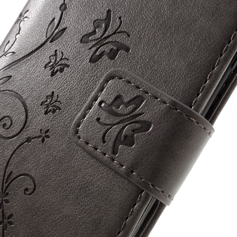 iPhone SE (2022/2020) / 8 / 7 Leder Tasche mit Kartenfach   Handschlaufe Butterfly Flowers - Grau