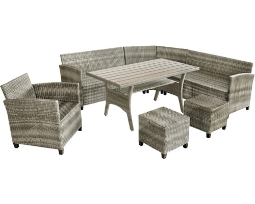 Tuinset voor 6 personen, bestaande uit: 2 banken, 1 hoekmodule, fauteuil, 2 krukken, tafel. Polyrotan, aluminium, grijs.