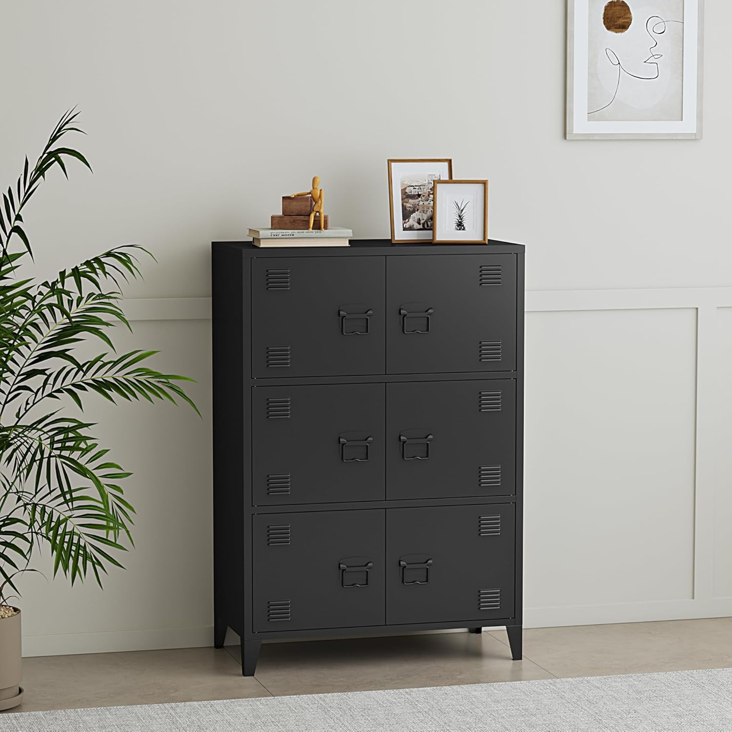[en.casa] Büroschrank Hamina Aktenschrank mit 6 Türen Mehrzweckschrank mit 3 Ablagefächern Industrial Aufbewahrungsschrank aus Stahl Beistellschrank 80x40x113cm Schwarz