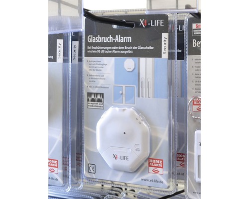 Glasbreukmelder, alarm 95 dB, wit, BxHxD 80x80x8 mm, op batterijen, X4-Life