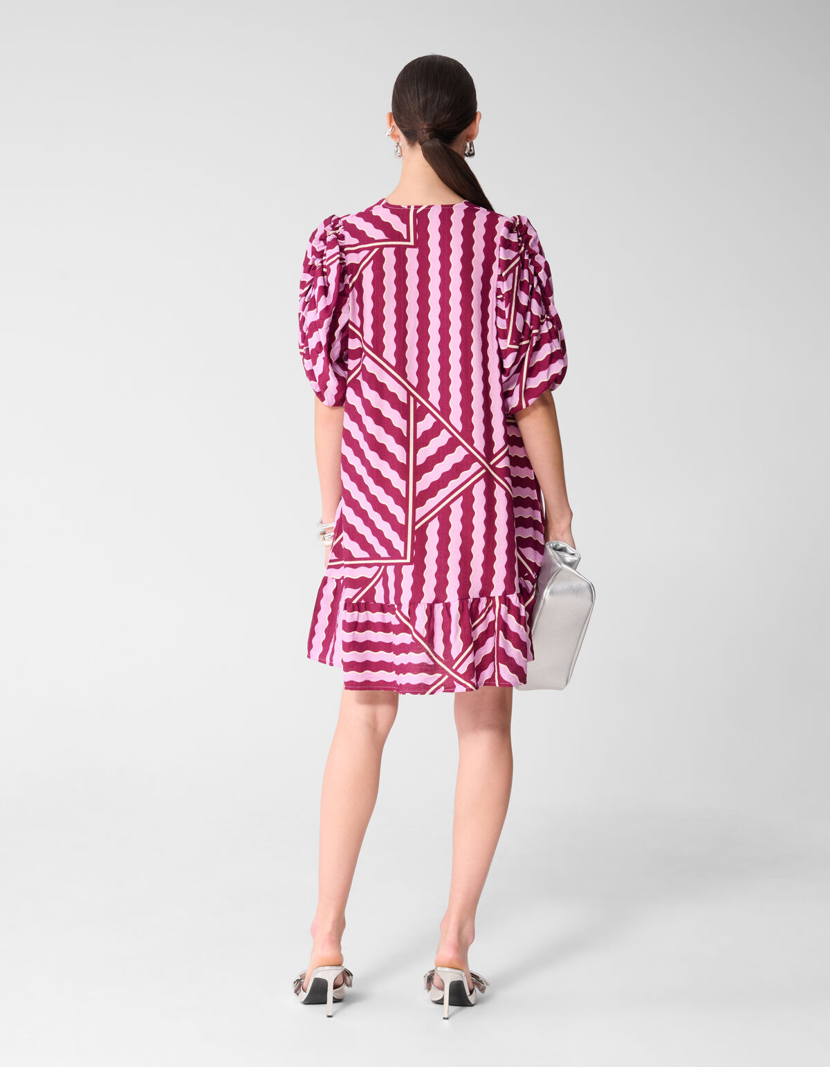Wavy Printed Puffy Sleeve Mini Jurk Roze/Paars