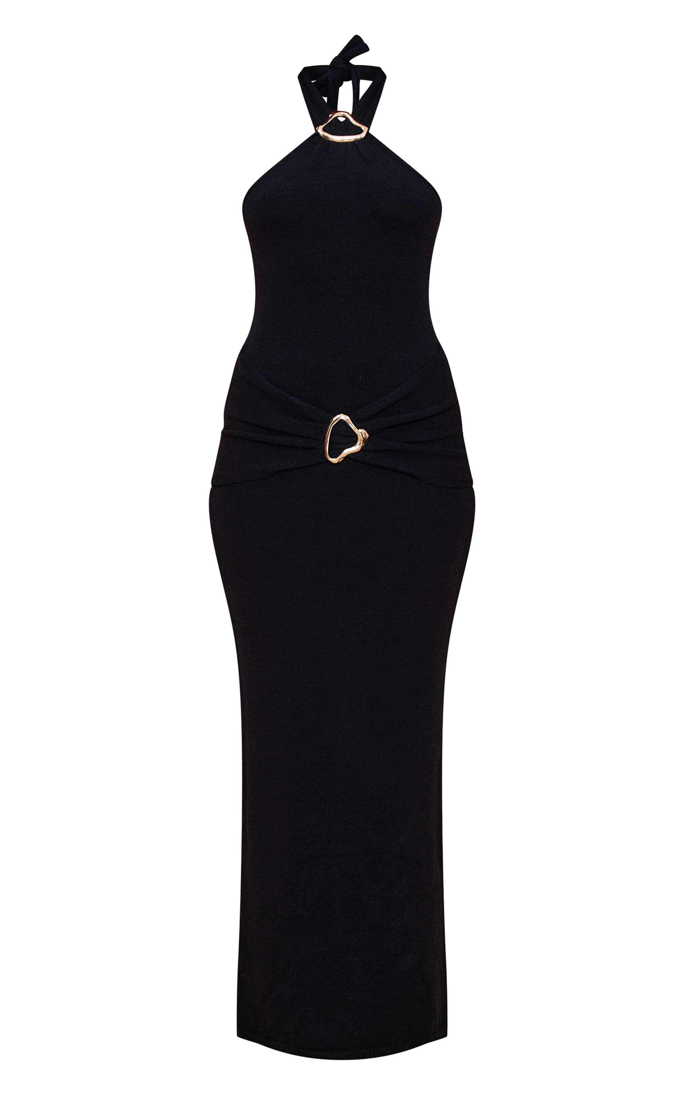 Noir Robe Longue Cache-cœur À Col Licou Avec Détails Ornementaux