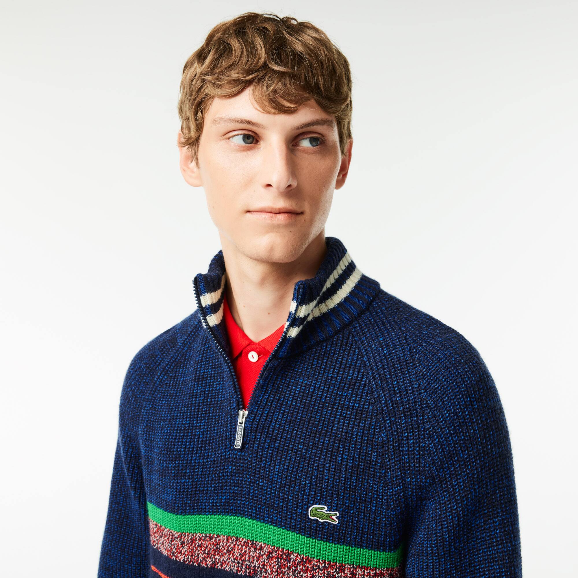 Pull col montant zippé en laine moulinée fabriqué en France Pullovers - Bleu - Lacoste - Homme