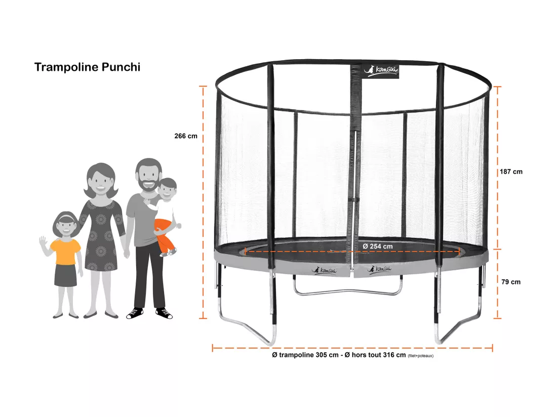 Kangui - Trampoline de jardin rond 305 cm + filet de sécurité + échelle + kit ancrage | PUNCHI Bleu 300