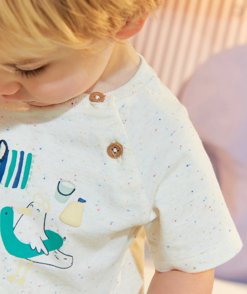 T-SHIRT BÉBÉ GARÇON ÉCRU THÈME PLAGE AVEC PATCH