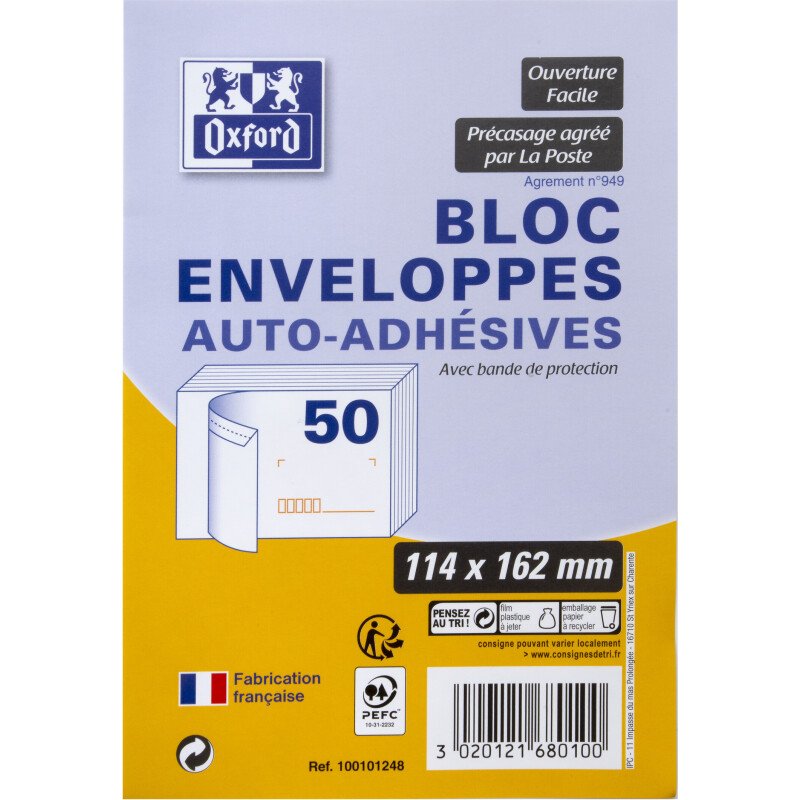 Bloc D EnveloPPe Oxford 114X162 X50 Auto Adhesive Precasee Ouv Facile Invio