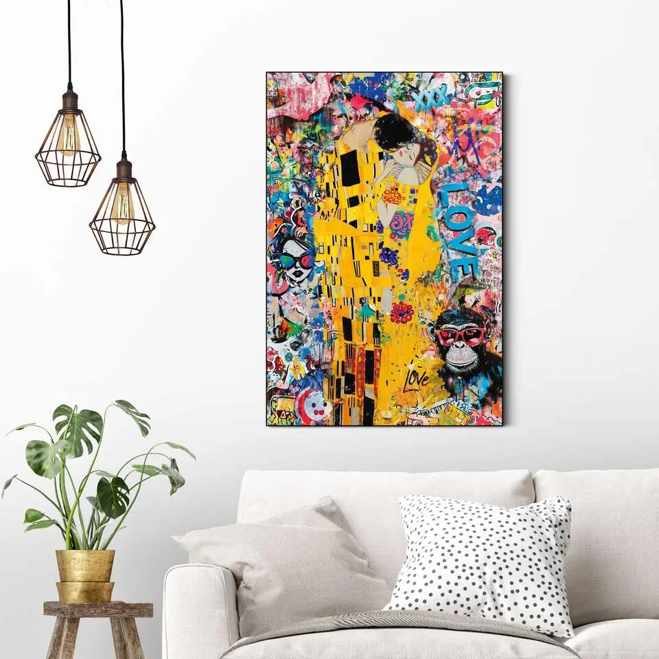 Schilderij The Modern Kiss - 90x60cm - Geel