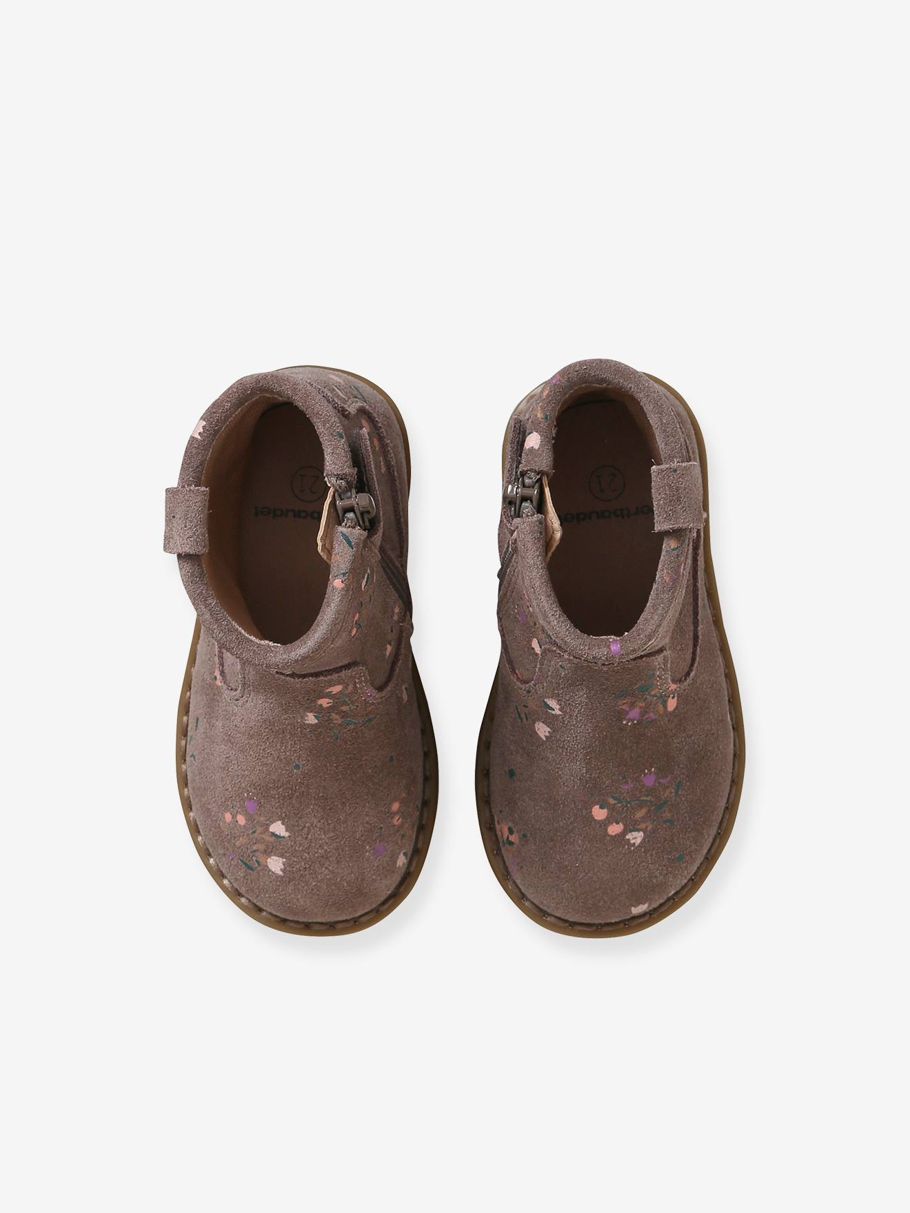 Botas de cano curto em couro estampado com zíper, tamanho médio para bebê menina, bege.