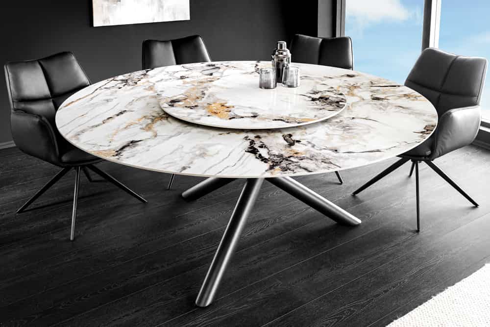 Runder Esstisch SPIN 150cm weiß grau gold 360° drehbare Servierplatte Aurora Oro Keramik