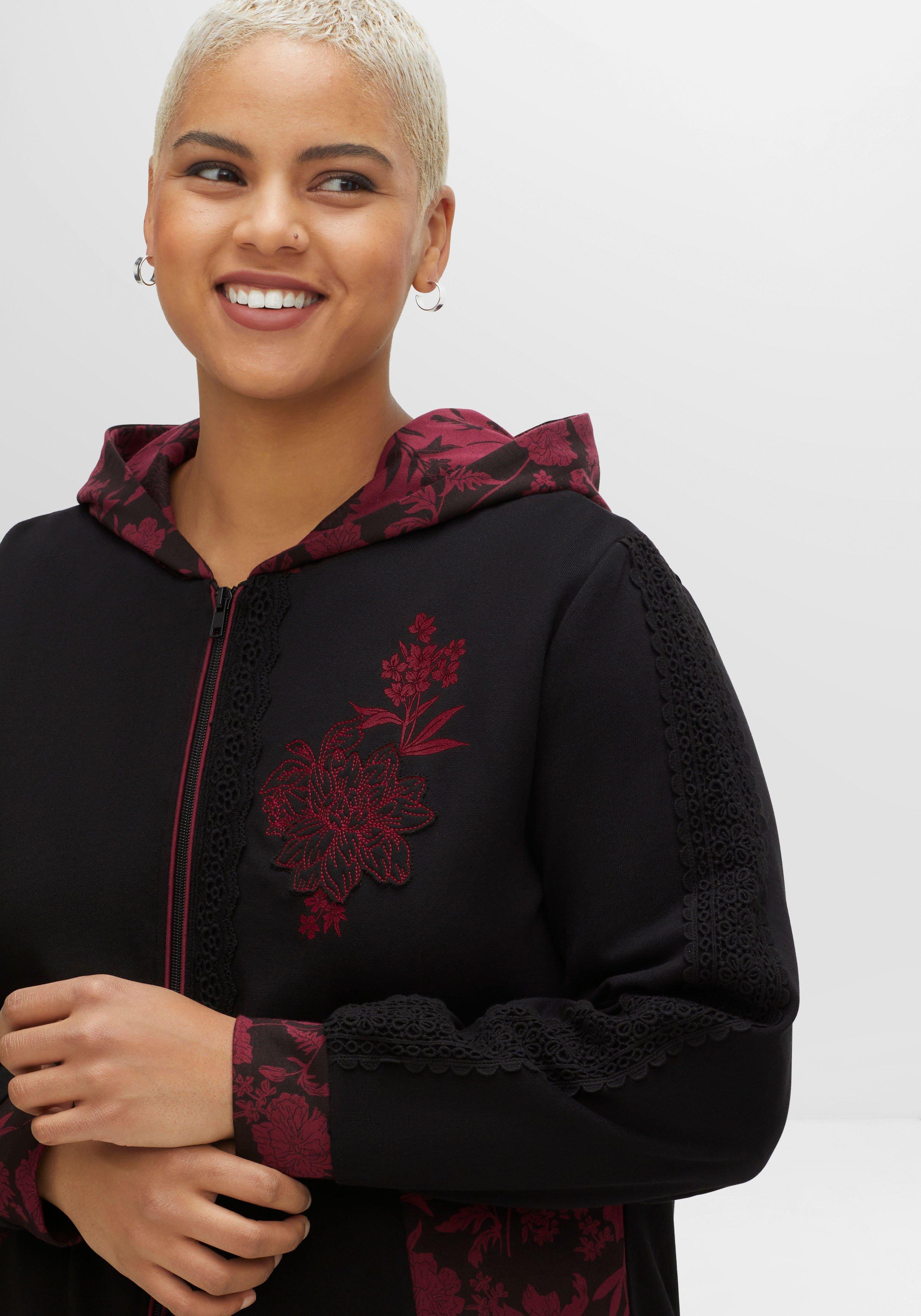 Kapuzensweatjacke in Longform, mit Blumen-Details