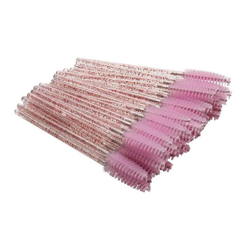 (50er Set) Einweg Wimpern Bürste Kosmetik Augenbrauen Bürste mit Glitzer Stiel - Rosa / Transparent