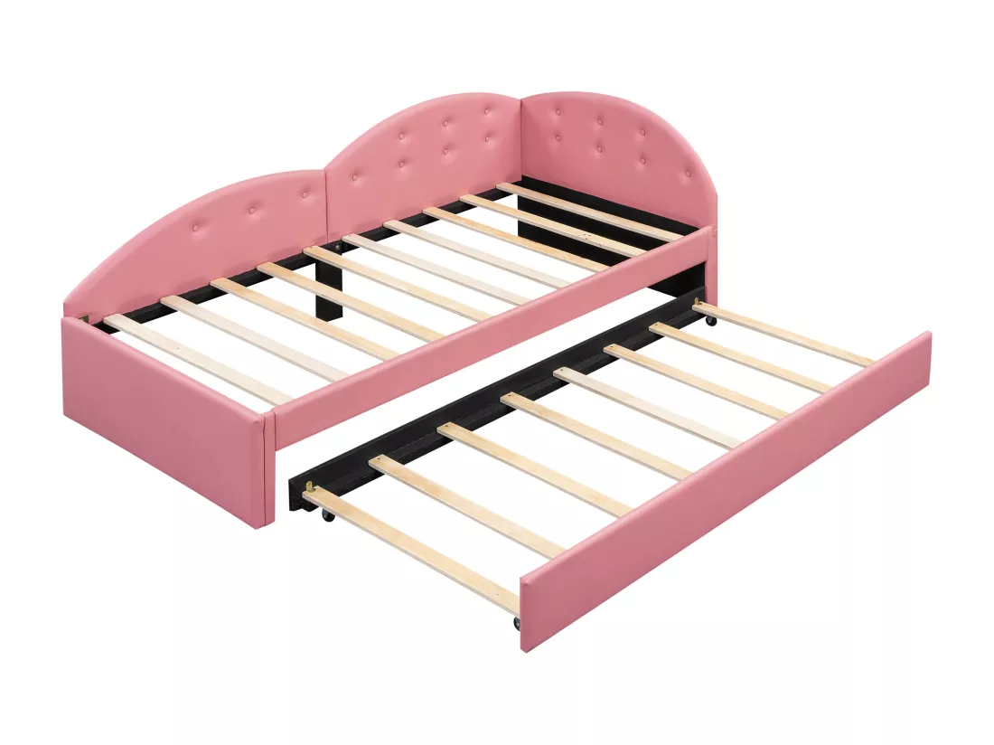 Lit banquette 90x200cm en similicuir + lit gigogne 80x190cm - Rose