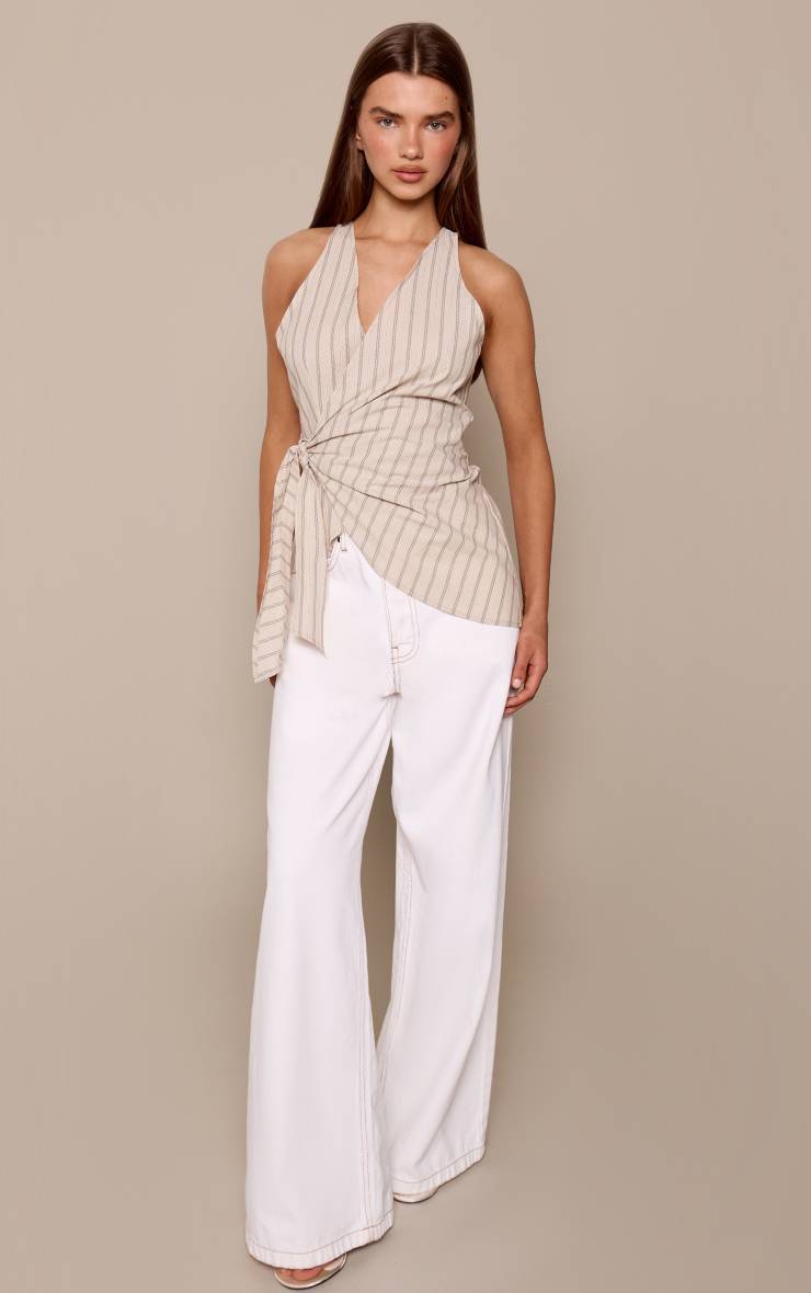 Beige Chemise Sans Manches À Rayures Avec Détail Nœud Noué