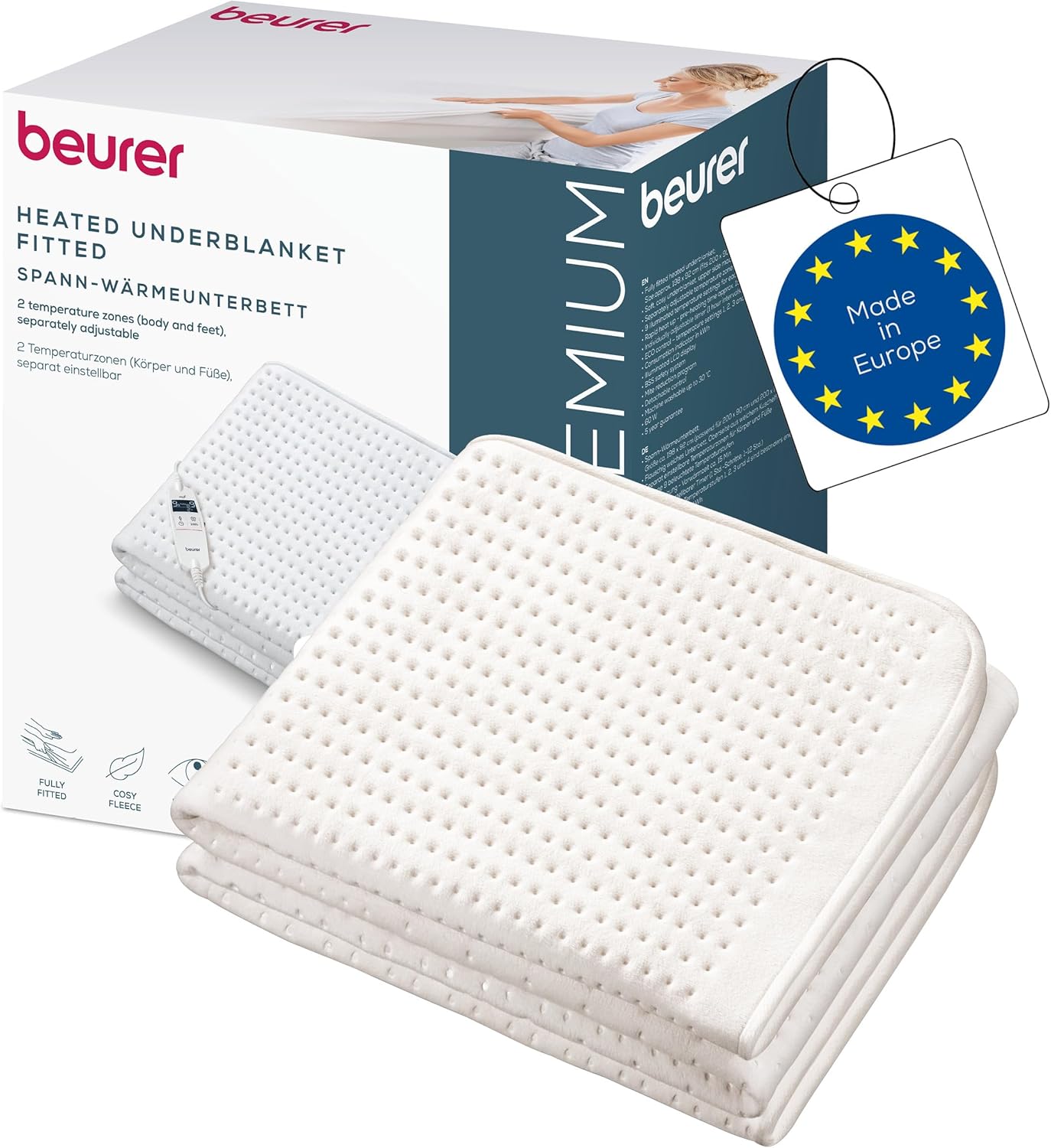 Beurer UB 101 Cosy Wärmeunterbett, Wärmebettunterlage für Einzelbett, 198 x 92 cm, Matratzenheizung mit 2 Wärmezonen, Variable Abschaltautomatik, 9 Temperaturstufen, ECO-Modus, waschbar